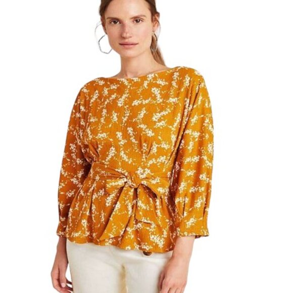 EUC Anthropologie Mustard Floral Tie Waist Amber Dolman-Sleeved Blouse - Picture 1 of 13